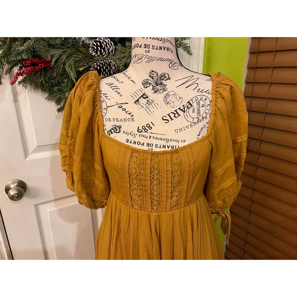 Free People Mustard Yellow Midi Dress with Puff Sleeves